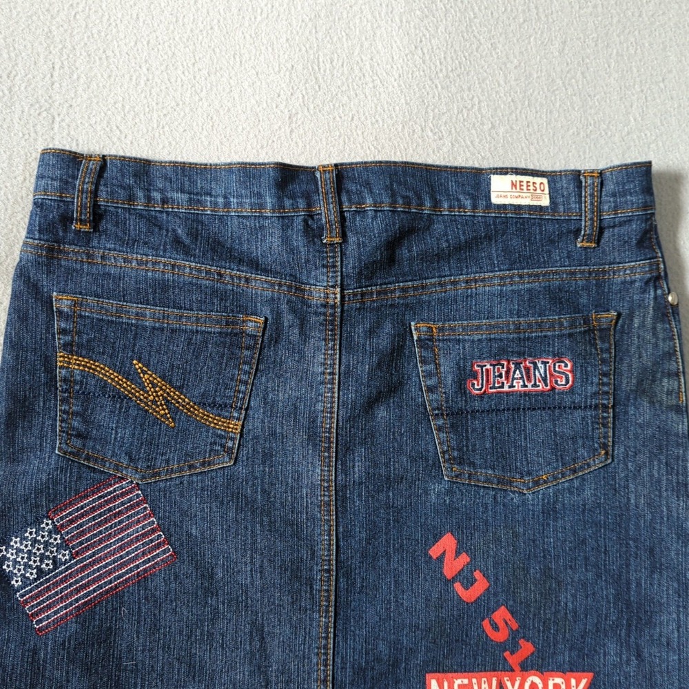 Neeso Jeans New York Denim Maxi Skirt Blue Embroidered Graphic Americana Size 15 - Picture 5 of 8